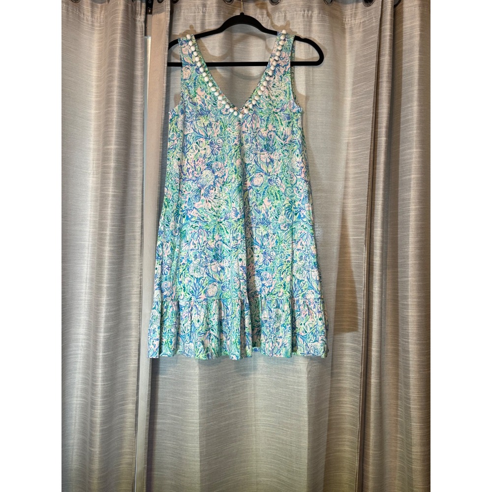 Lilly Pulitzer Camilla Swing Dress Sz XS V-Neckline Pom-Pom Trim 100% Cotton EUC